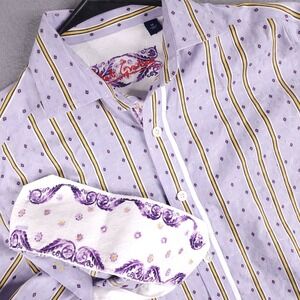 Robert Graham Button Down Mens Medium Purple Yellow Striped Floral Cuffs Shirt